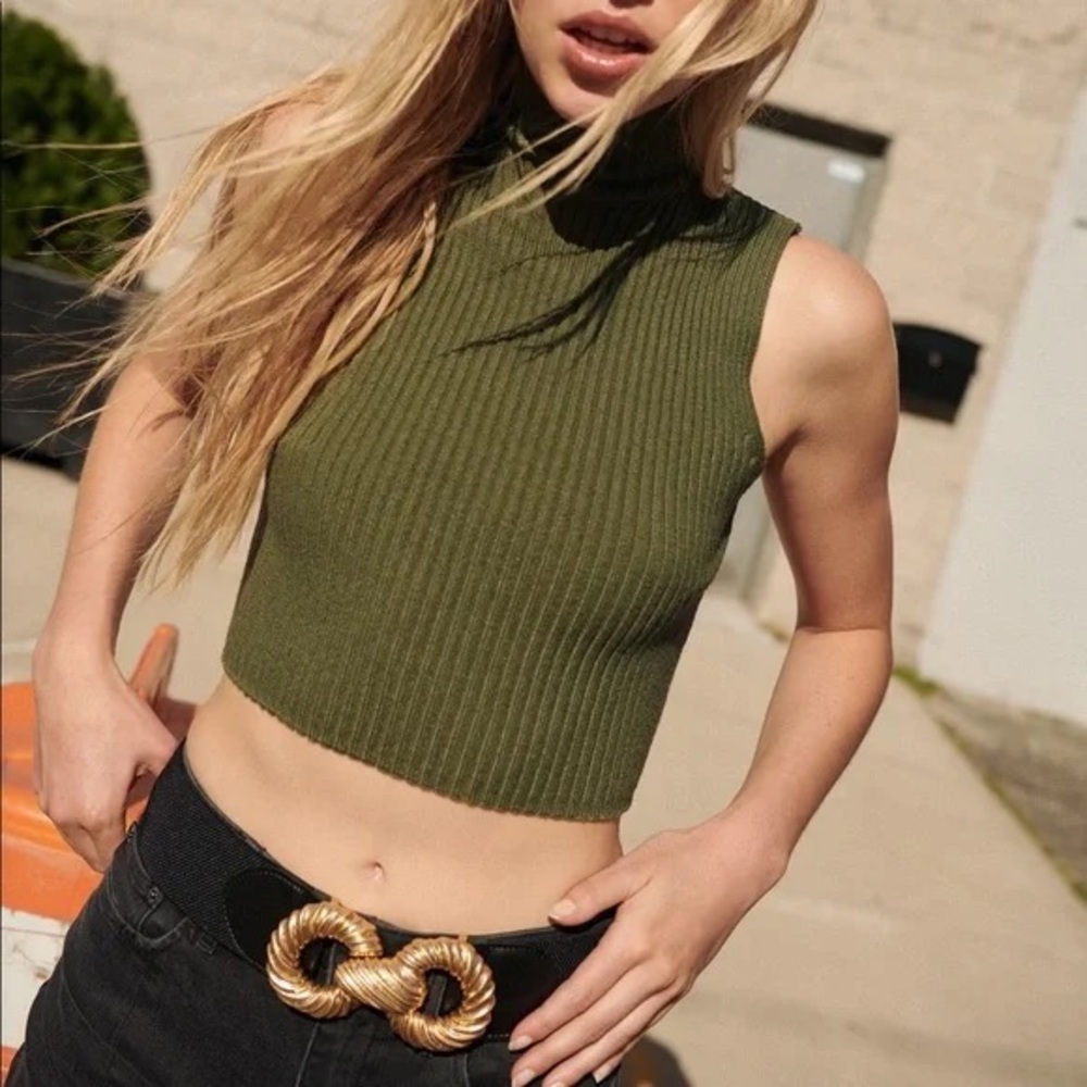 ZARA Olive Green Ribbed Sleeveless Top SMALL